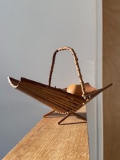 Large Mid-Century Japanese Folding Bamboo Fruit Basket & 5 Pieces Wooden Fruit