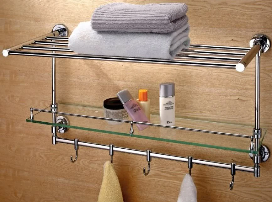 NEW LUXURY 3 IN 1 CHROME BATHROOM TOWEL RACK SHELF HOOKS TOWEL