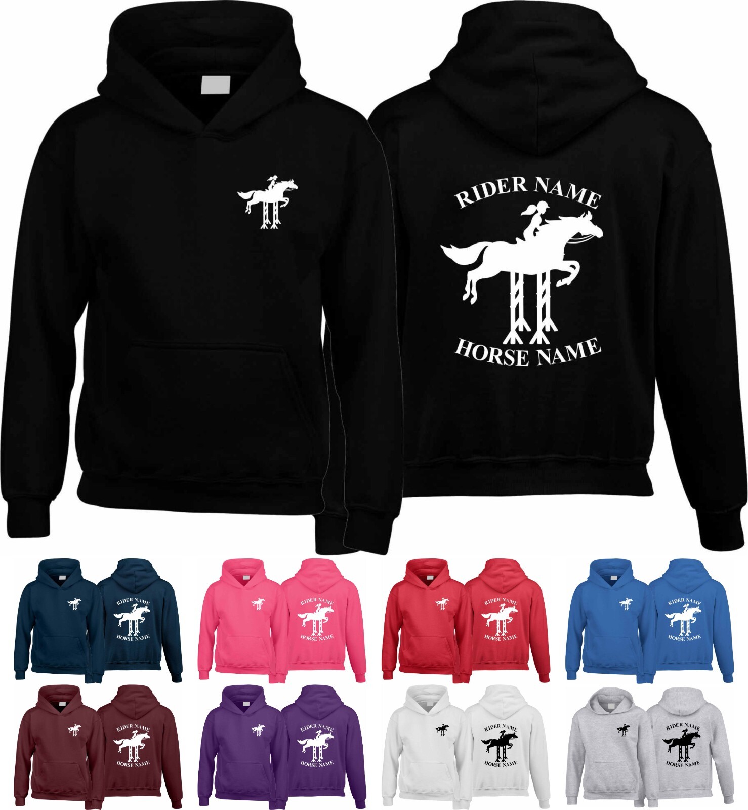 FELPA CON CAPPUCCIO PERSONALIZZATA CAVALLO EQUITAZIONE COB PONY DRESSAGE JUMP UNISEX HOODY
