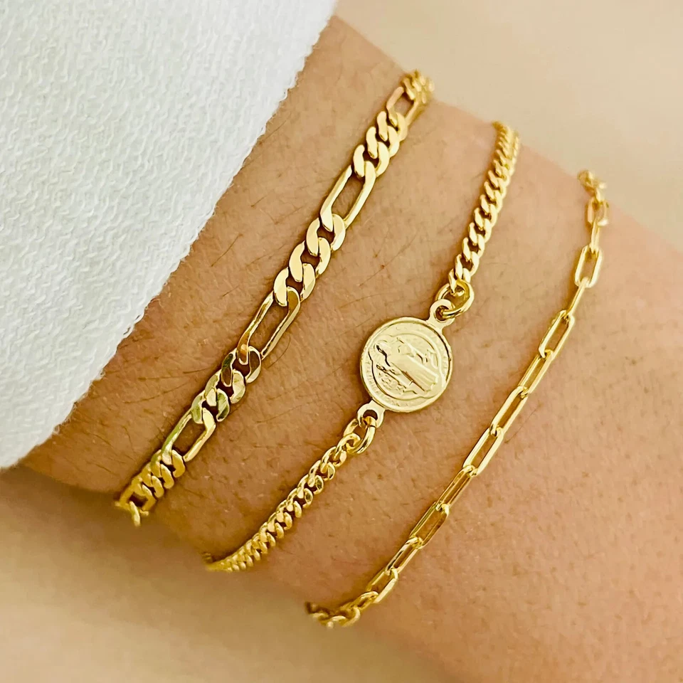 Juego de 3 brazaletes de protección San Benito rellenos de oro de 18 quilates Foto 4 de 4