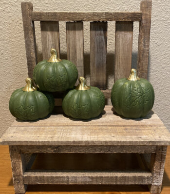 Fall Pumpkins For Tier Trays Set Of 4, Embossed Green Pumpkins With Gold Stems