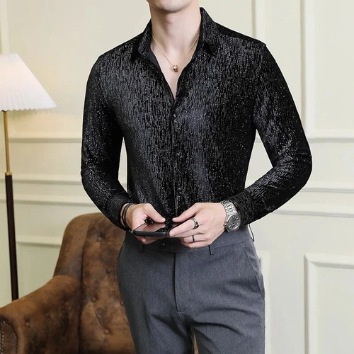 Men's Shiny Velvet Shirts Slim Fit Long Sleeve Fashion Social Shirt Clothing - Picture 4 of 17