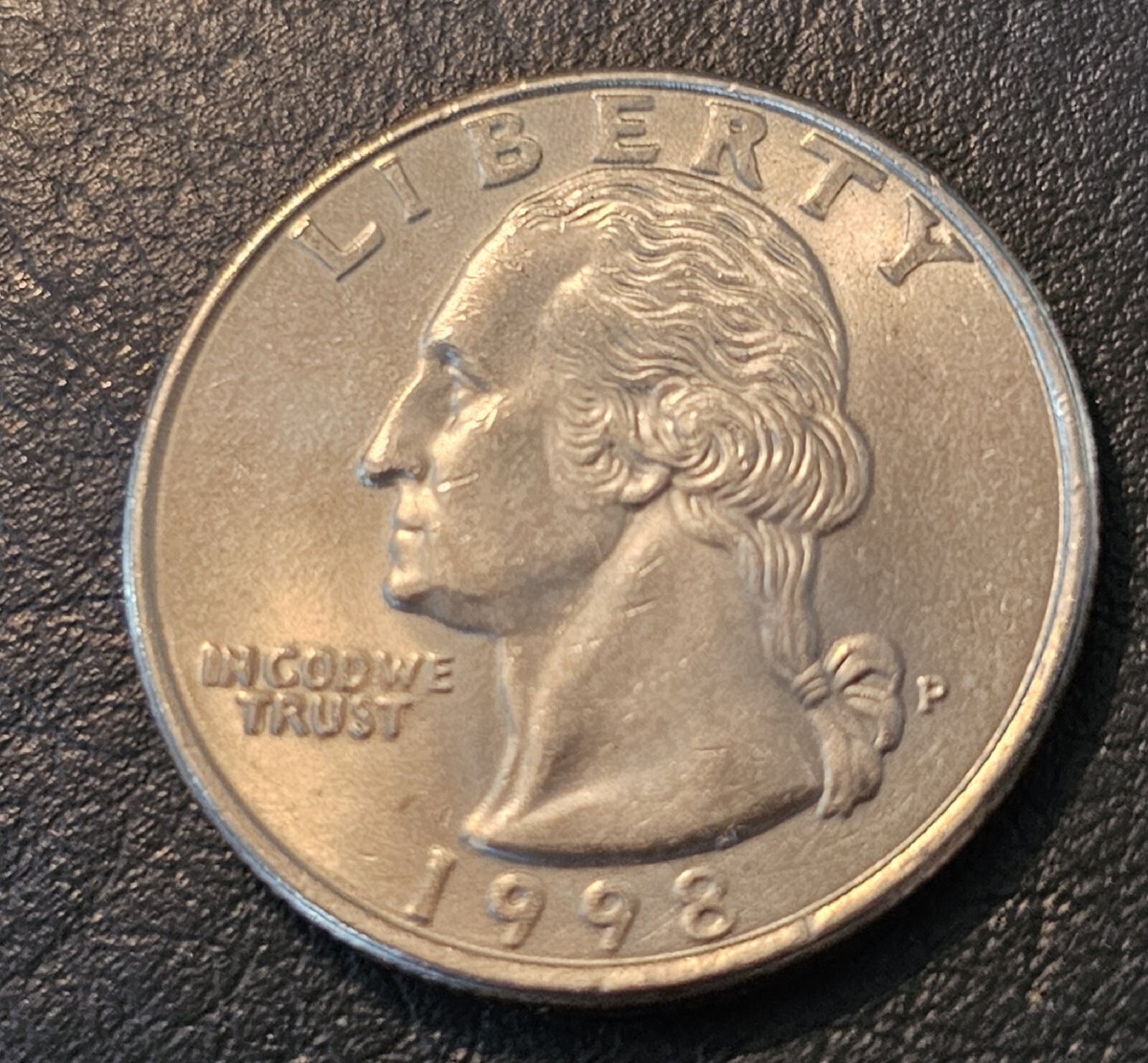 1998 Rare Quarter, P Mint Mark, Close AM, extra Clad On Right Wing