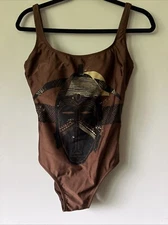 Vintage Gottex Brown African Tribal Mask One Piece Swimsuit NWT Rare Size 12