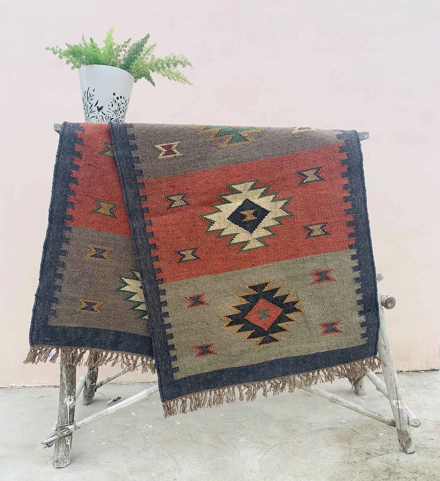 Kilim Runner Rug Handmade Wool Jute Bedside Hallway Reversible Carpet Home Decor - Image 2 of 4