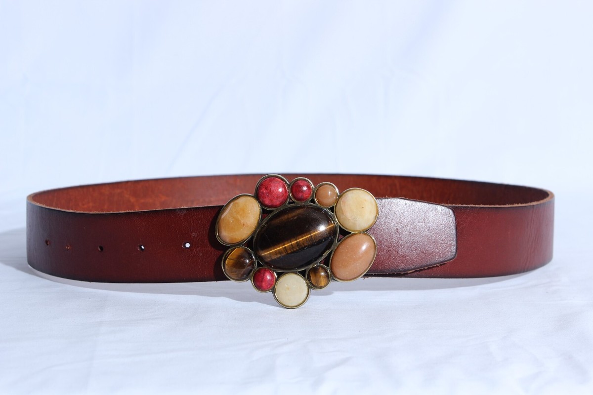 Tigers Eye Belt Buckle Fossil Genuine Leather Belt Brown 