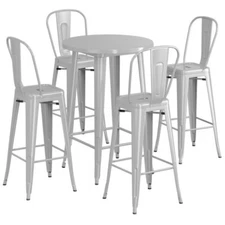 30" Round Silver Metal Restaurant Bar Table Set with 4 Cafe Barstool Chairs