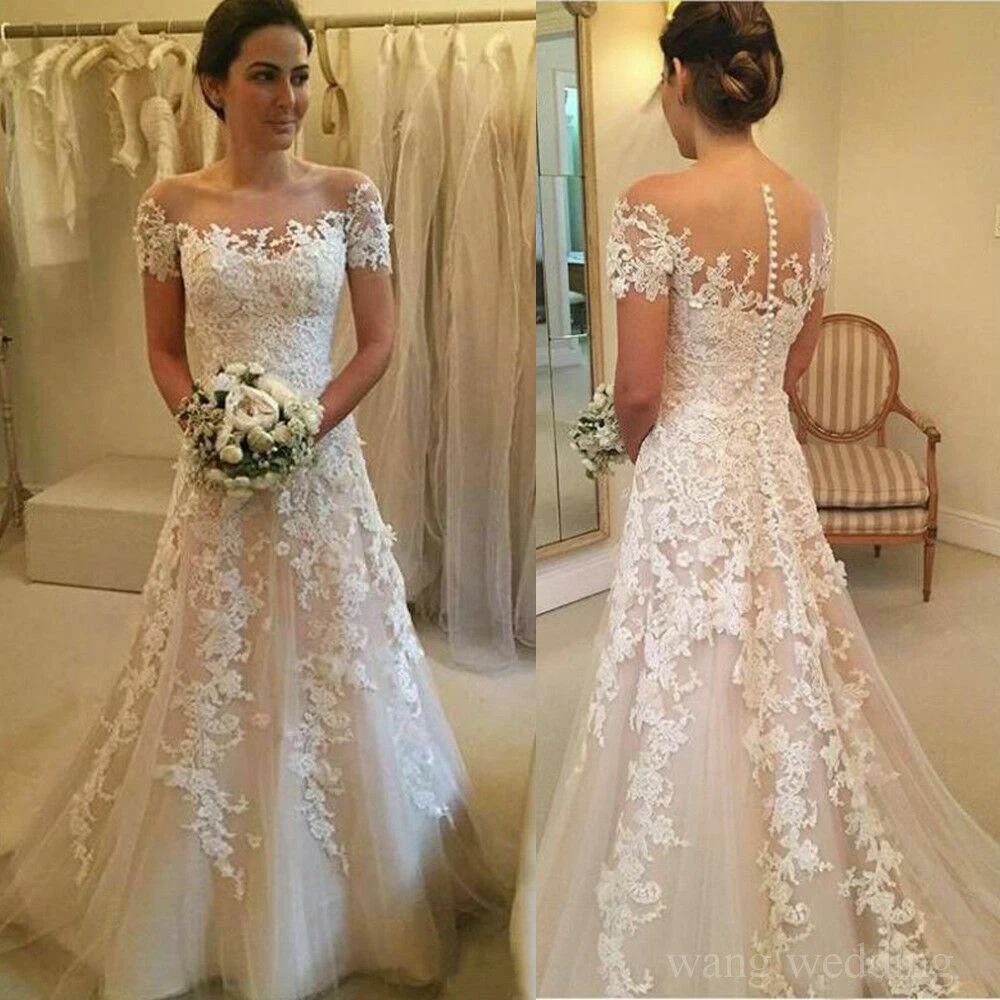 Short Sleeve A-Line Wedding Dresses Illusion Neck Lace Appliques Bridal  Gowns | Ebay