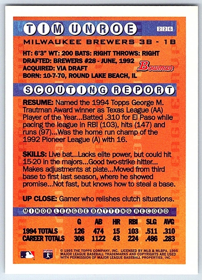 1995 Bowman Silver Foil Tim Unroe Rookie Milwaukee Brewers #226 - Image 2 of 2