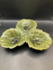 Vintage MCM California Ceramic 3-Leaf Tidbit Dish With Silver Tone Handle #724