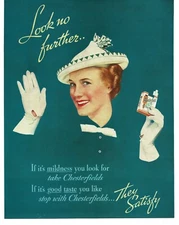 1937 Chesterfield Cigarettes Satisfy Woman wearing white hat gloves Vintage Ad