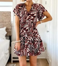 NWT Anthropologie Robin Tiered Mini Dress, Brown Orange Stripe Print, XXS