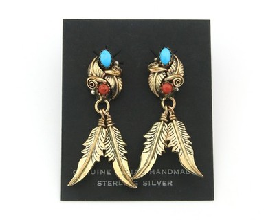 Navajo Earrings Sterling Silver & Gold Gemstone Vintage Handmade Native Artist