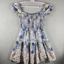 City Studio Dress Juniors Medium Blue Floral Smocked Puff Sleeve Lined Sundress