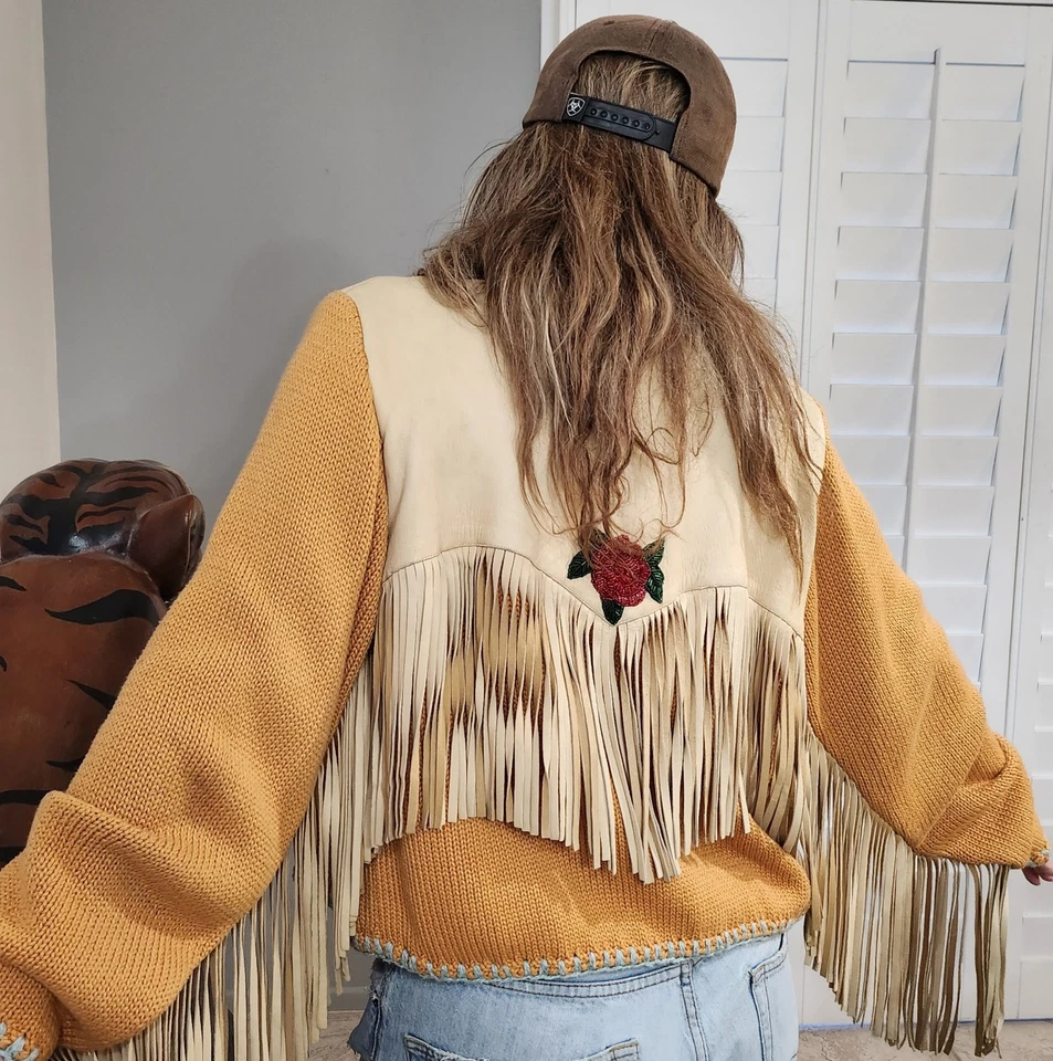 RARE Lianne Barnes VINTAGE Southwestern Leather Knit Fringe Jacket Coachella L Foto 3 de 4
