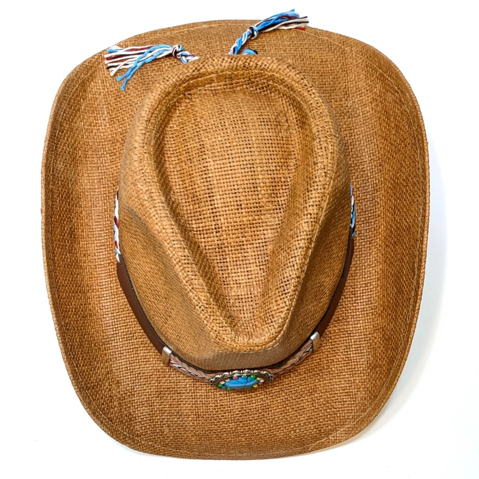 CHAPÉU DE COWBOY PALHA marrom claro com destaque turquesa (tamanho adulto) enviado em uma caixa - Imagem 4 de 4