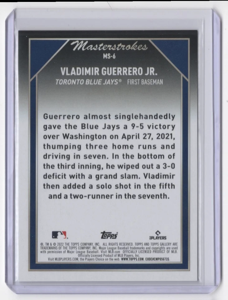 2022 Topps Gallery Masterstrokes Vladimir Guerrero Jr. Toronto Blue Jays #MS-6 - Image 2 of 2