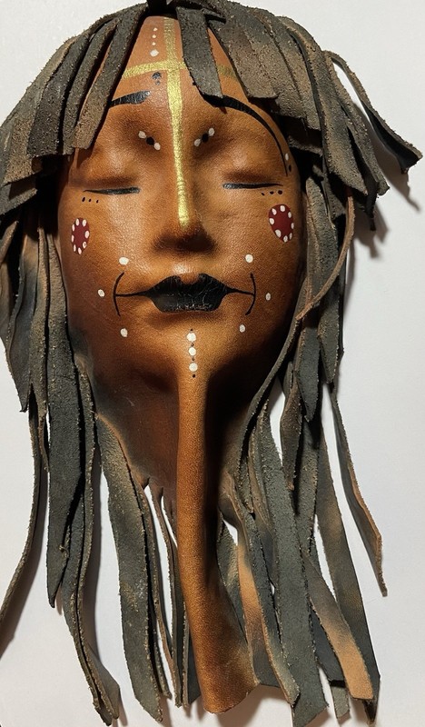 signed Taller Art Cuero Columbia leather hand painted face mask wall decor 10”