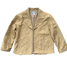 Chicos Cropped Embroidered Silk Open Front Jacket Tan Gold Size 1 / M