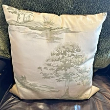 Pier 1 One Green Taupe Damask Velvet Throw Pillow 17” Square READ