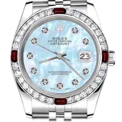 31 mm Rolex Datejust Baby Blue Mother Of Pearl Diamond Dial Steel Ruby & Diamond