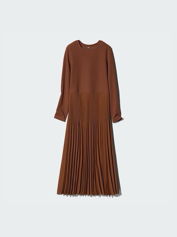 NWT UNIQLO Combination Dress S/M Medium Fit & Flare Pleated Satin Brown 469341