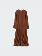 NWT UNIQLO Combination Dress S/M Medium Fit & Flare Pleated Satin Brown 469341
