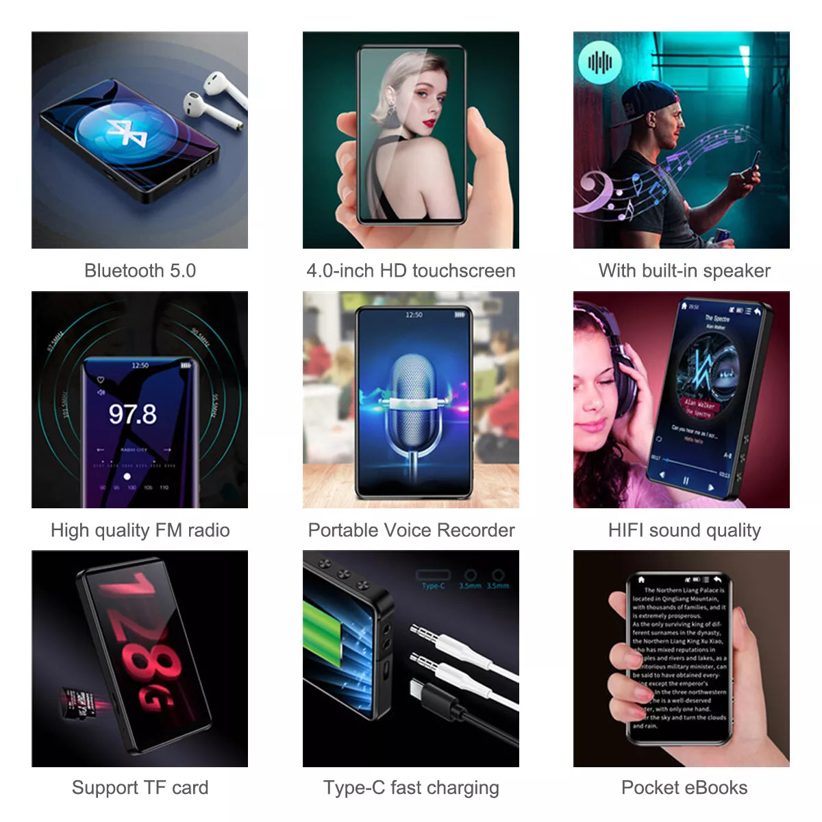 Support 256GB 4" Bluetooth LED MP3/MP4 Lossless Music Player FM Radio Recorder — image 3