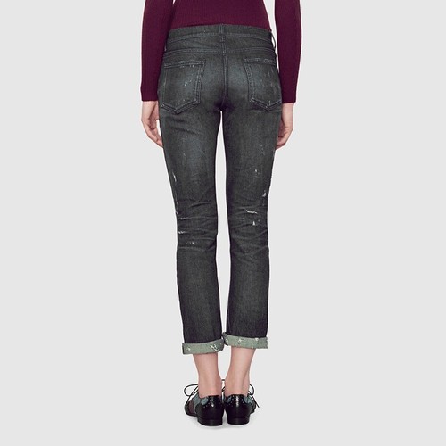 sz 42 NEW $895 GUCCI RUNWAY Black STONE WASHED Stretch DISTRESSED Cropped JEANS - Picture 7 of 24
