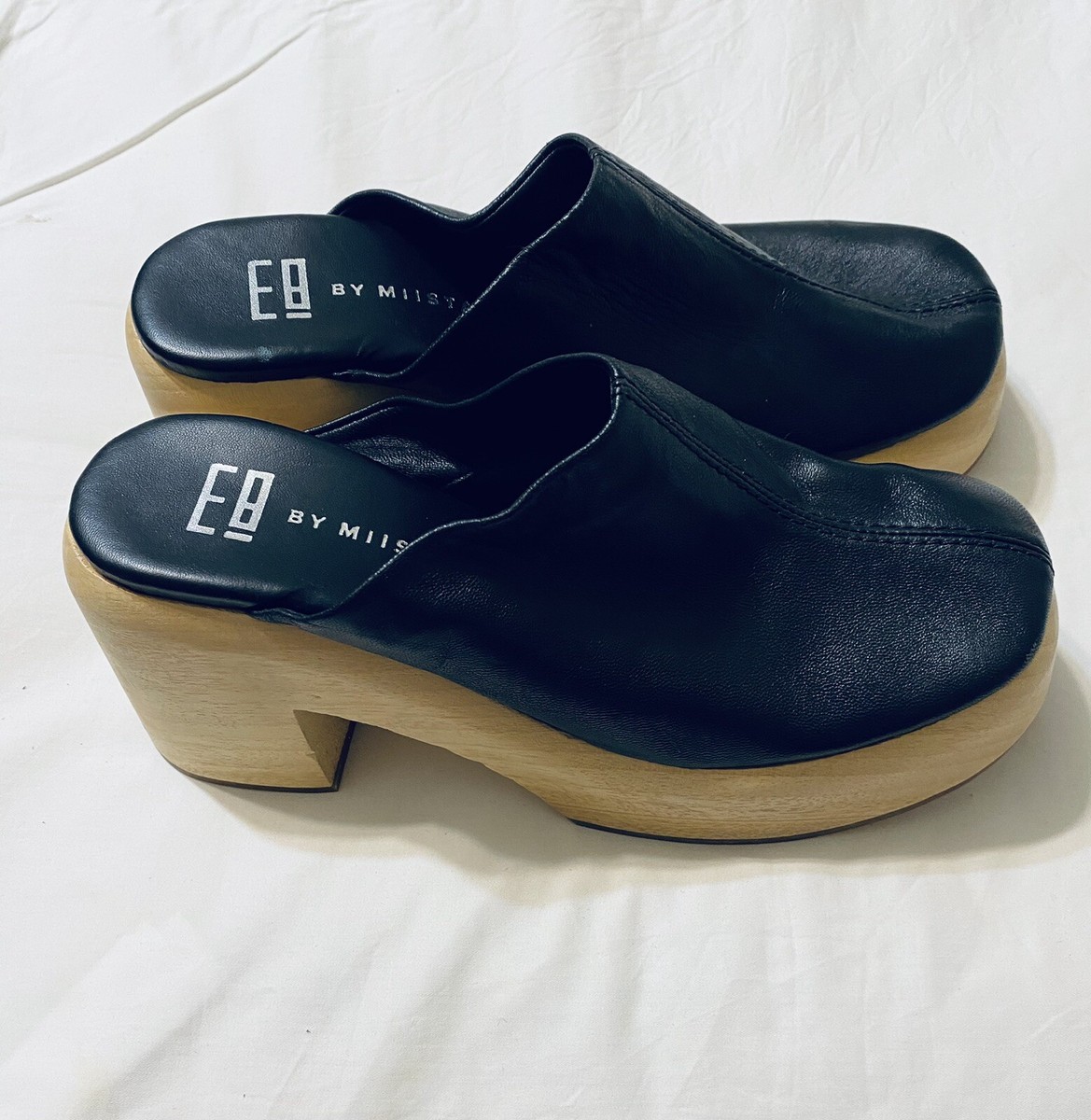 E8 By Miista Black Soft Leather Mule Wooden Heel & Platform