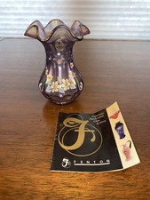 BEAUTIFUL FENTON Purple Iridescent Floral HANDPAINTED Vase SIGNED W/LABEL 5"H
