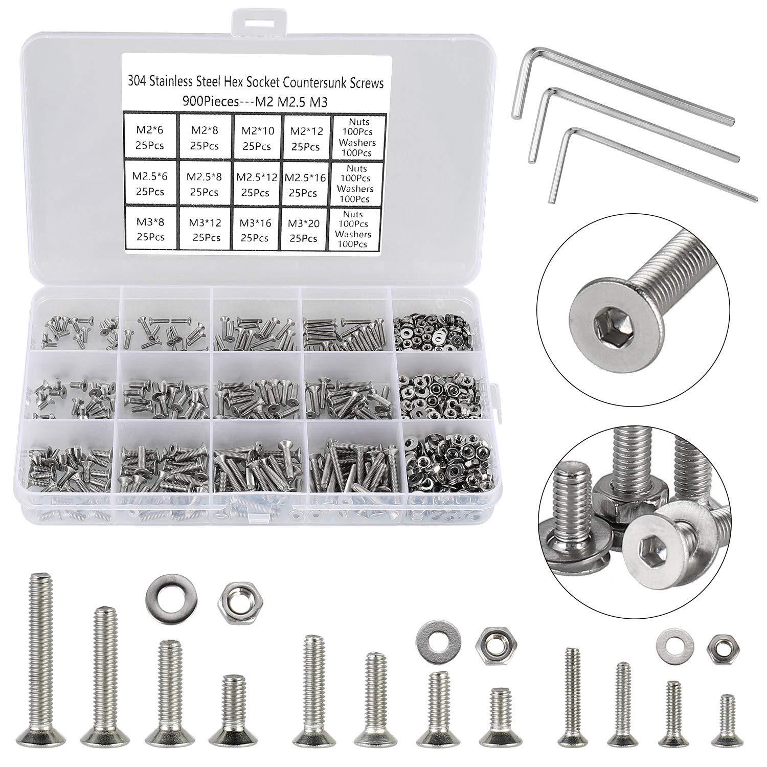 900Pcs M2 M2.5 M3 Hex Socket Countersunk Screws,304 Stainless Steel Flat Head