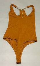 Aranmei Brown Bodysuit Women Spaghetti Strap-Back Gold Zipper-Snap Bottom-Medium