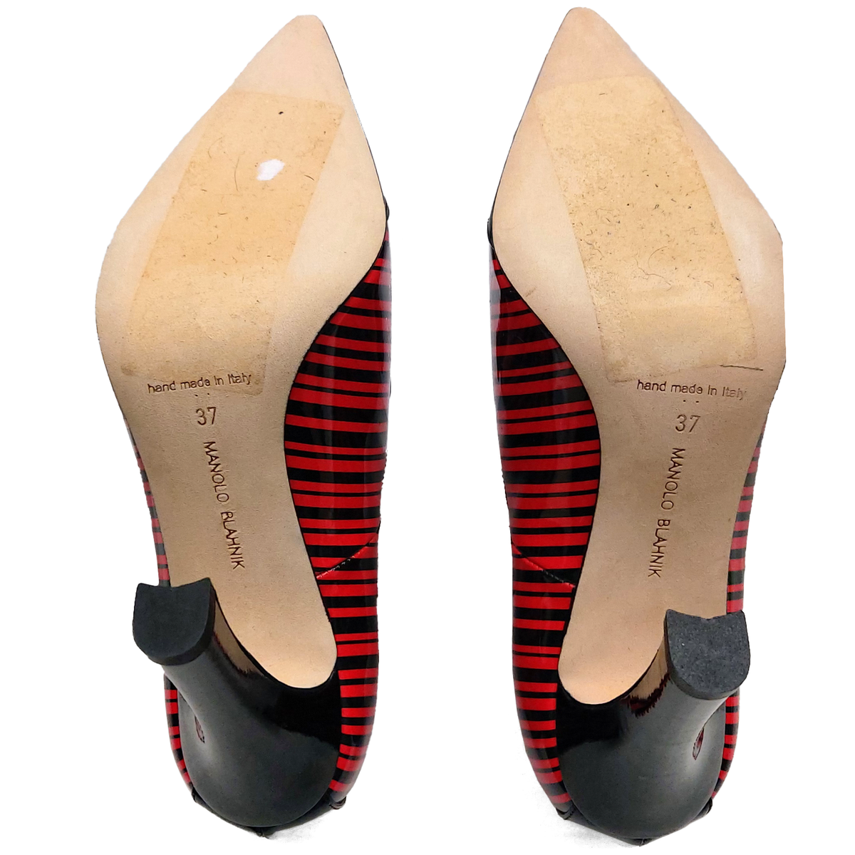 Manolo Blahnik Red & Black Striped Pointed-Toe Pumps Size 37 Manolo Blahnik Red & Black Striped Pointed-Toe Pumps Size 37
