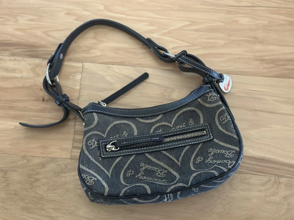 AUTHENTIC Dooney Bourke Black Canvas Heart Logo Baguette Bag Leather Trim