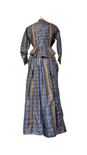 Victorian Late 1800s Blue Plaid Silk Top & Skirt Bustle Accordion Pleated Hem - Picture 16 of 24