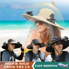 Wide Brim Sun Hat with Solar & USB Fan UPF50+ UV Protection for Fishing & Campin