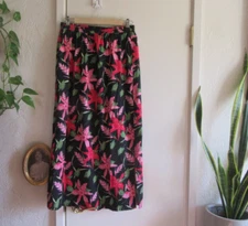 Field Manor Black Red Pink Floral Tropical Print Silk Blend Maxi Skirt, Large