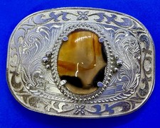 Brown Banded Agate Cabochon Cab Centerpiece Silver Tone Western Belt Buckle