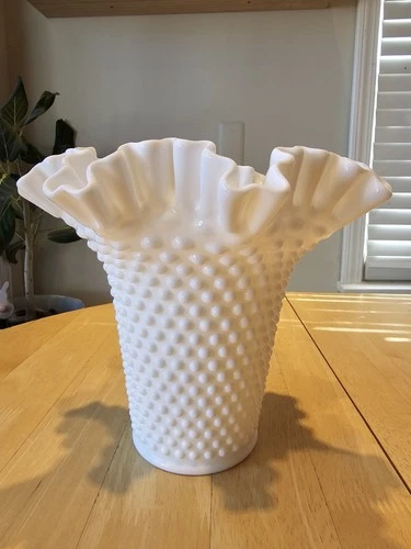 Large Fenton Hobnail Milk Glass Vase with Crimped/Ruffled Top -- 8" Tall