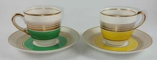 2 WARWICK CHINA ART DECO PORCELAIN DEMITASE TEA CUPS SAUCERS GREEN YELLOW WAR239