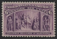 US 1893 COLUMBUS SIX CENTS SCOTT #235 NEVER HINGED NEAT PERFS PERFECT CENTERING
