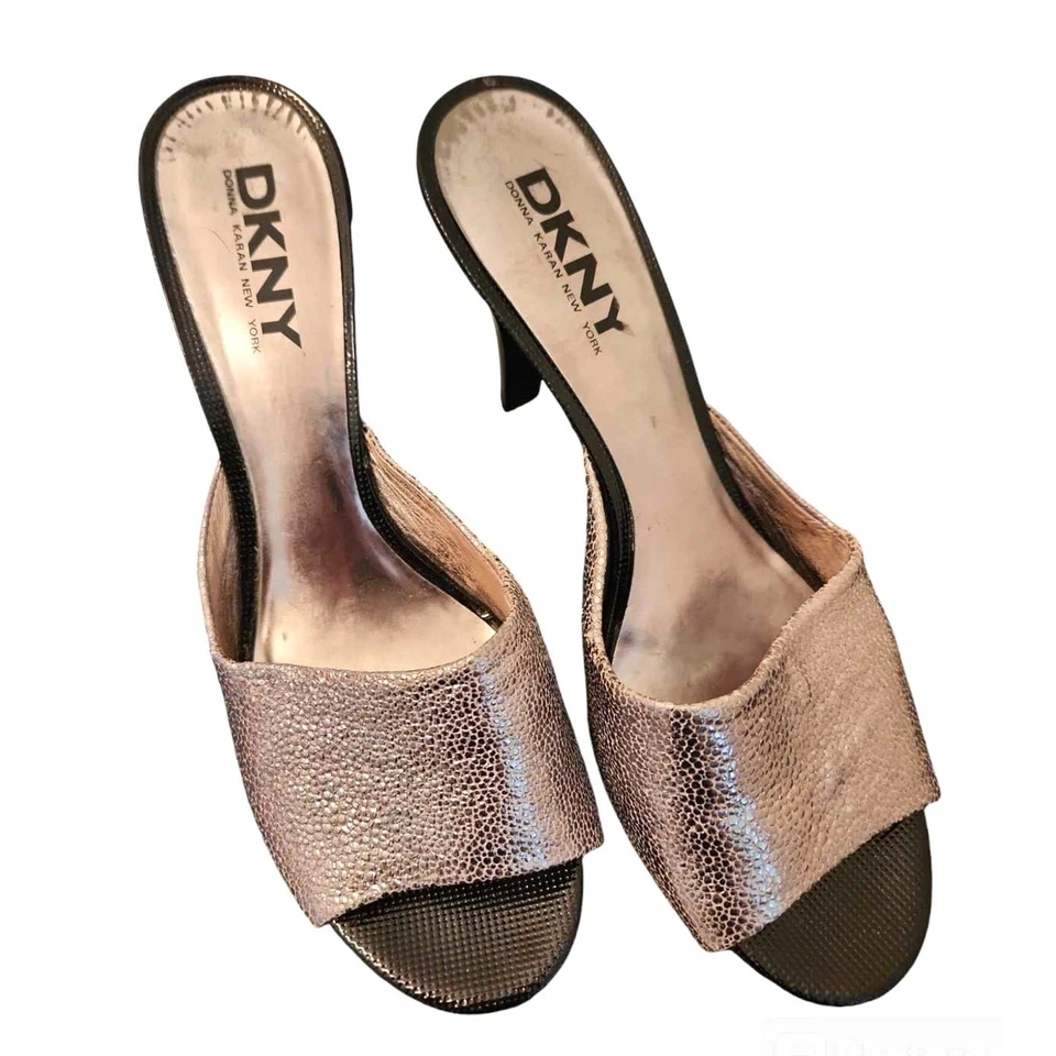 De colección DKNY Donna Karan New York Cuero Plateado Metálico Negro Tacones Deslizables 9M Foto 3 de 4