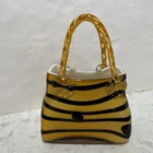 Murano Style Vintage Art Glass Hand Blown Handbag Vase Tan w/ Black Stripes