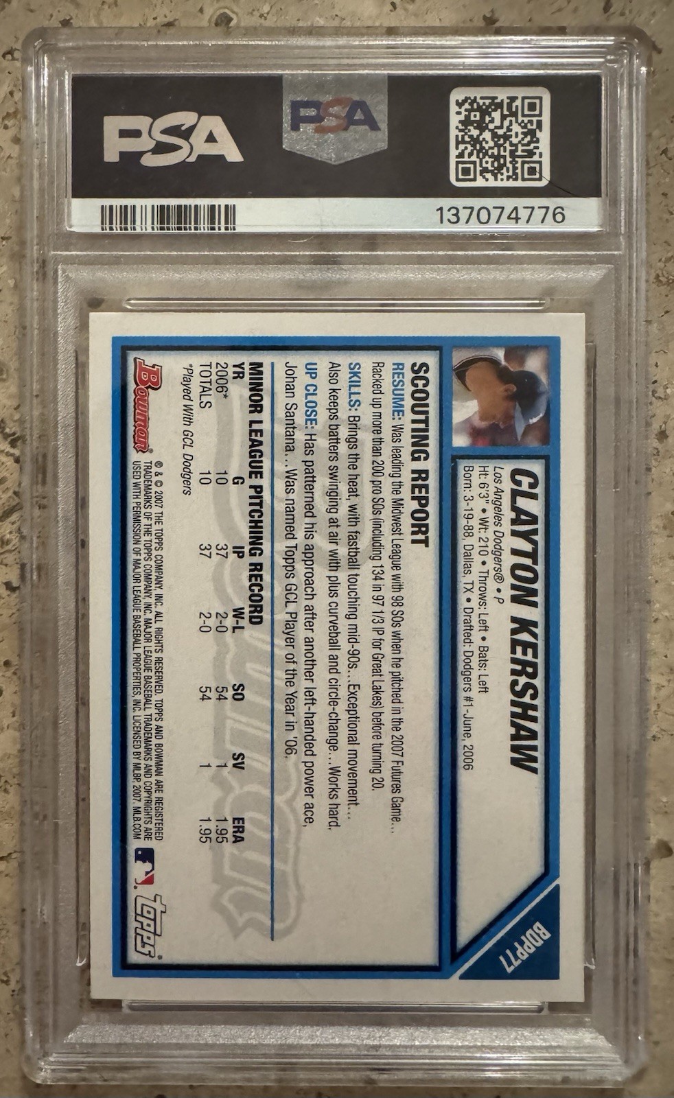 Clayton Kershaw 2007 Bowman Draft Picks Graded PSA 9 Mint Los Angeles Dodgers view 2