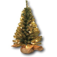 Pre-lit Artificial 18 Inch Pine Tree Burlap Sack Base Tabletop Christmas Tree