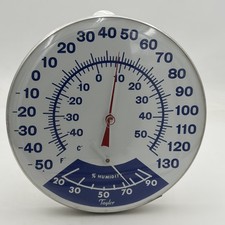 VTG TAYLOR 12” Indoor Outdoor Wall Thermometer Round Temps Humidity Blue Rare