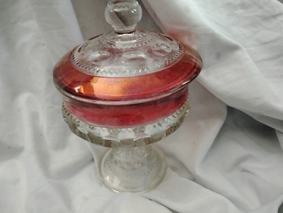 Clear & Red Glass Lidded Pedestal Compote Bowl Candy Dish Set w/ Lid