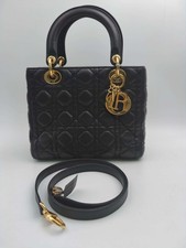 Auth Dior Lady Dior Medium Black Leather Cannage Bag Gold Hardware