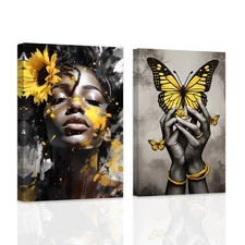 2 Pieces African American Wall Art Black Woman Hand With Butterfly Picture Bl...